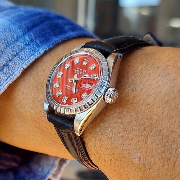 ?sale? Rolex Ladies 26mm Datejust Red diamond on black leather main image 6